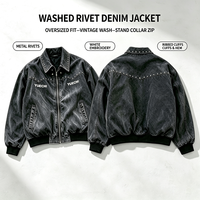 Blouson Bomber Homme Hiver Noir Streetwear Personnalisé en Denim Matelassé avec Rivets et Clous, Lavage Vintage, Fermeture Éclair et Sérigraphie, Coupe Oversize