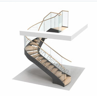 Escalier courbé élégant avec garde-corps en verre, marches en bois de chêne massif, escalier en arc