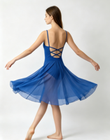 Costume de danse contemporaine lyrique bleu royal à paillettes, jupe mi-longue en mousseline, robe de danse pour femmes et filles, compétition, récital