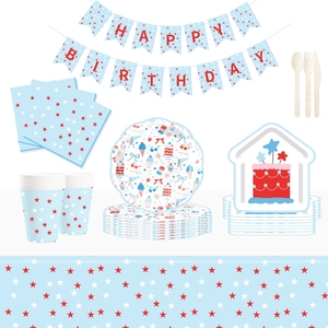 DAMAI - Vajilla Desechable para Fiesta de Cumpleaños Infantil, Plato Azul con Diseño de Pastel de Cumpleaños y Helado, Servilletas de Papel, Vasos y Platos - Product Image 3