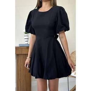 Robe trapèze noire à nouer dans le dos, taille naturelle, col rond, respirante, tissée, pour usage quotidien décontracté - Product Image 3