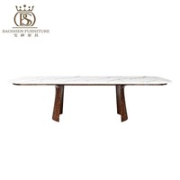 Mesa de Comedor de Alta Gama con Cubierta de Madera y Mármol de Alto Brillo y Sillón de Cuero Genuino para 6 u 8 Personas, para Comedor de Villa de Lujo u Hotel