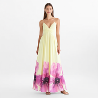 Robe longue plissée jaune personnalisée pour femme, taille empire, col en V profond, bretelles spaghetti, imprimé floral aquarelle, idéale pour les vacances d'été et les stations balnéaires