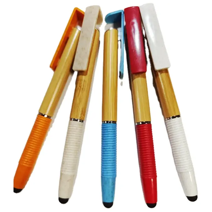 Grosir murah 3 in 1 pena bola bambu kayu promosi ramah lingkungan dengan pena bola bambu Logo kustom dengan stylus & pemegang ponsel