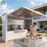 Îlot de cuisine extérieur modulaire de 3 m en acier inoxydable avec barbecue, armoire, évier et abri intégré pour fêtes en plein air
