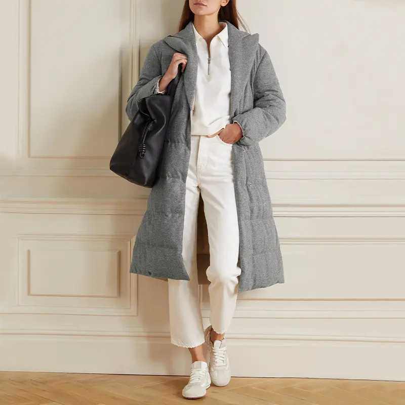 새로운 패션 고품질 양모 패브릭 90% 화이트 거위 아래로 두꺼운 긴 트렌치 코트 벨트 여성 캐주얼 다운 재킷