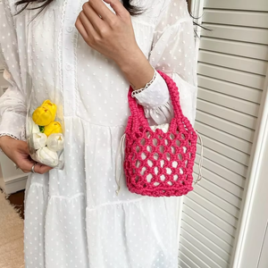 Bolso de playa de paja tejido a mano de 6 colores, bolso de red de ganchillo hueco, bolso de mano de verano, cartera de viaje colorida para mujer, bolso de cubo para la playa - Product Image 2
