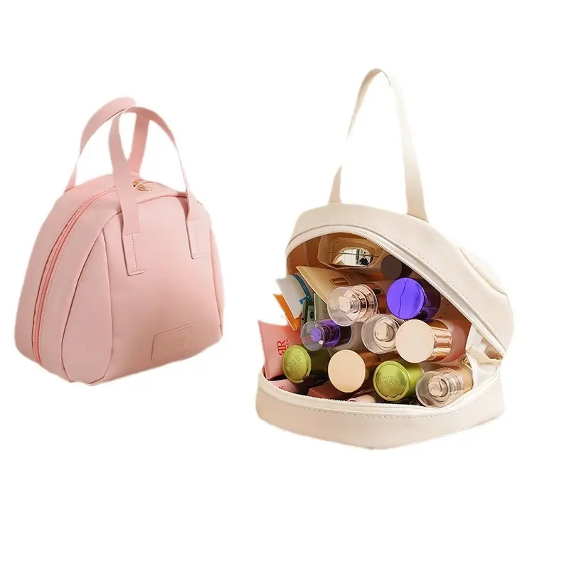 En kaliteli kabuk çanta tasarım özel nakış logo kadınlar seyahat polyester kozmetik çantası makyaj yıkama depolama el çantası
