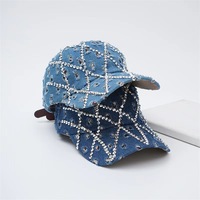 Casquette de baseball vintage en jean PVC vieilli et délavé, ornée de perles, avec logo personnalisé, casquette à visière incurvée, chapeau de soleil vieilli, casquette à 6 panneaux, vente chaude