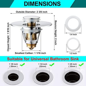 Bouchon de lavabo universel en acier inoxydable à poussoir, filtre anti-colmatage à noyau en forme de balle, finition chromée pour lavabo - Product Image 2
