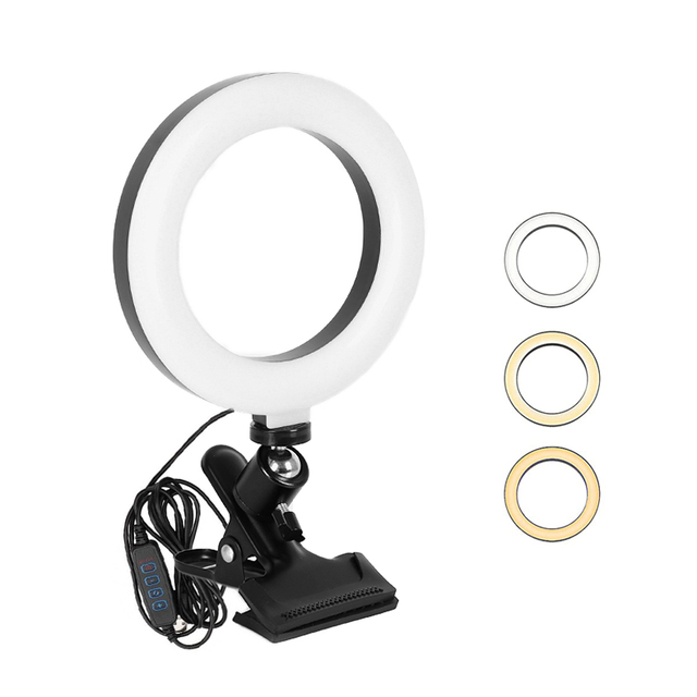 6 Inch Clip-On Ring Light 3 Color Modes USB Dimmable Video Light Desktop Ring Fill Light for Live Streaming Video Conference