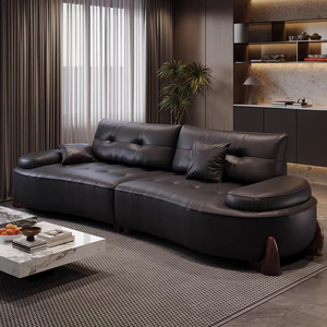 Premium Black Tufted Leather Curved <b>Sofa</b> With Walnut Wood Base For Living Room - Product Image 5
