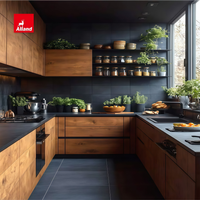 Meuble de cuisine Alland de qualité supérieure, moderne, en bois naturel, avec étagères ouvertes et pierre frittée noire, pour maison neuve sur mesure