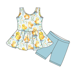 Set di <span class=keywords><strong>Abbigliamento</strong></span> Estivo per Bambine Personalizzato, Top Senza Maniche con Peplum e Pantaloncini in Seta di Latte Stampata, Completo 2 Pezzi - Product Image 1