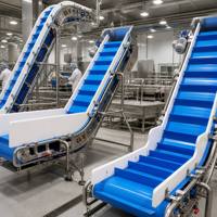 Convoyeur incliné de qualité alimentaire avec griffes et parois latérales ondulées pour ligne d'emballage de snacks, structure en acier inoxydable