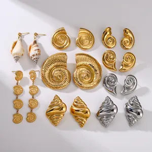 J&D Summer Stainless Steel Croissant Earrings 18K Gold Geometric Texture Conch Spiral Conch Earring Set