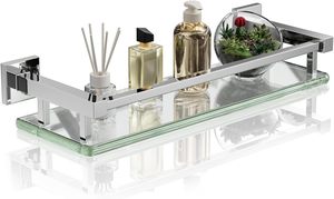 Estante de vidrio para baño con barandilla de acero inoxidable, estante de pared flotante de vidrio templado pequeño de cromo pulido sobre el inodoro - Product Image 2