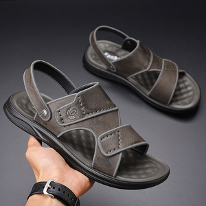 Men's Summer Leather <b>Sandals</b> Flat Breathable Outdoor Black And Gray Rear Pull Belt 2305 - Product Image 3