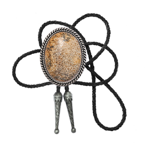 Cravate Bolo Western Cowboy en Pierre Naturelle Ovale, Accessoire de Mariage et de Fête, Corde en Cuir Tressé, Embouts Métalliques Vintage - Product Image 1