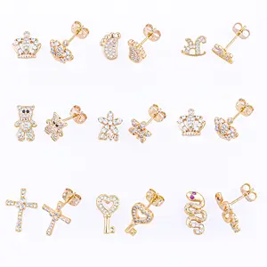 Korean Cute Micro Zircon Stud Earring Wholesale 18K Jewelry Multi Style Crow Bear Key Cross Snake Swan Earring For Girl Lady