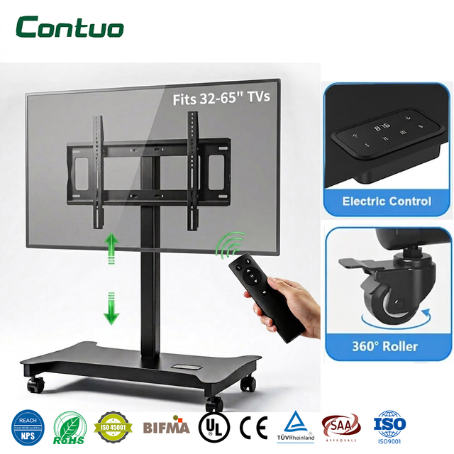 Motorized 32 to 65 Inch Height Adjustable TV Cart Mobile Heavy Duty Floor Rolling TV Stand With Wheels for Home Office