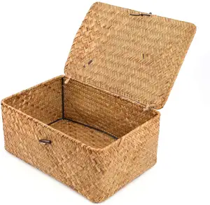 Лидер продаж Amazon, маленькие плетеные корзины для хранения с крышкой, высококачественные натуральные корзины для хранения морских водорослей с крышкой