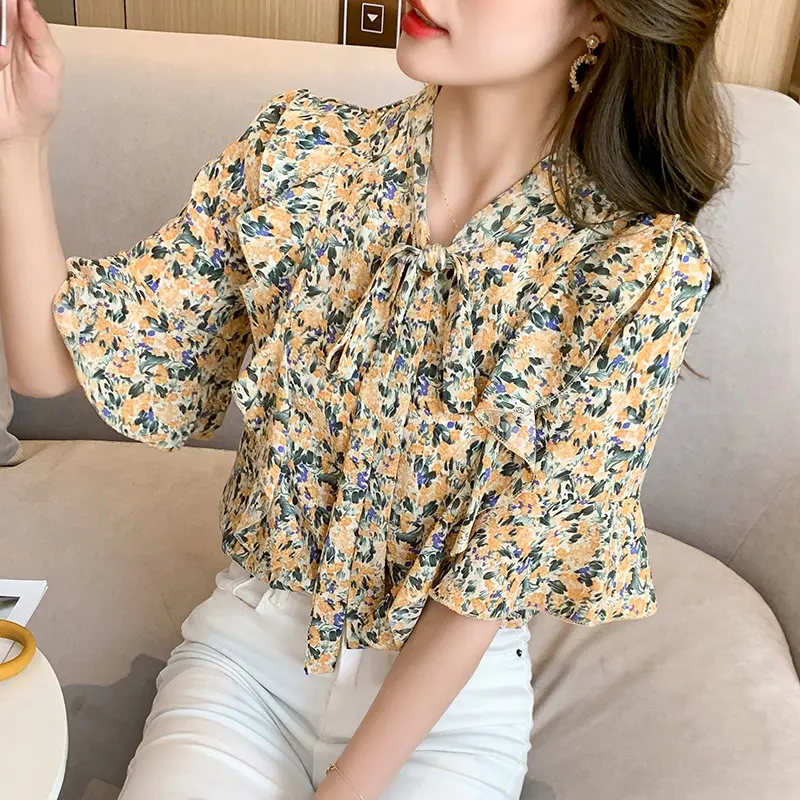 2022 Women Summer Floral Printed Shirts Flare Half Sleeve Lace Up Strap Bow Collar Korean Lady Sweet Tops Blouse Casual Shirt