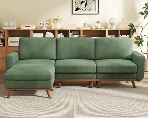Sofá Modular en Forma de L Loveliving Green, Sofá de 3 Plazas de <span class=keywords><strong>Pana</strong></span> con Otomana Móvil, Sofá Seccional de <span class=keywords><strong>Tela</strong></span> para Sala de Estar o Apartamento - Product Image 1
