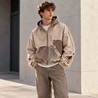 Sweat-shirt à capuche zippé intégral pour homme, personnalisé, délavé, vieilli, patchwork, avec étiquette tissée, pour marque streetwear, vente en gros de vêtements