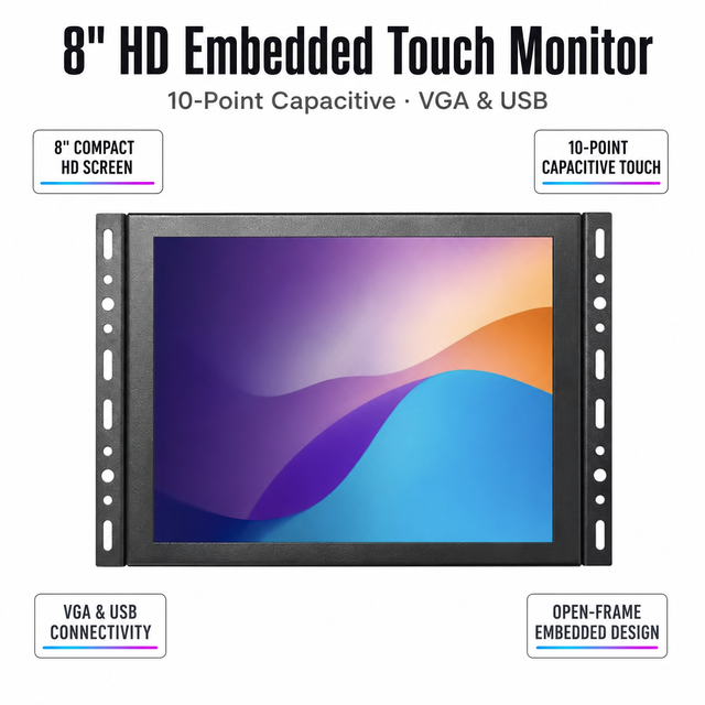 8 Inch PCAP Capacitive Touch Screen Monitor 1024x768 10 Point VGA USB Embedded Open Frame Industrial Commercial Display