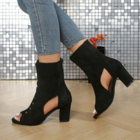 Bottines d'été pour femmes à bout ouvert, découpées, en daim texturé, à talon carré épais, avec fermeture éclair arrière, ajourées, à talon haut