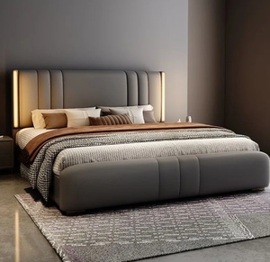 Lit double de luxe King Queen avec cadre en bois et tête de lit rembourrée en cuir, meuble de chambre moderne et contemporain avec rangement intégré - Product Image 2