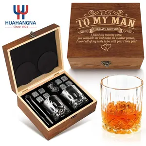 Premium Custom Logo 300ml Crystal Glass Rock Cocktail Whiskey Glasses Set with Granite Chilling Stones in Wooden Gift Box
