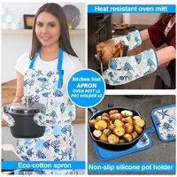 Ensemble de 5 pièces d'accessoires de cuisine à motif océanique : Tablier en coton imperméable sans manches, gants de four anti-brûlure écologiques et protège-ustensiles