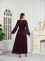 Robe Abaya Musulmane Élégante en Satin Polyester Brillant, Ornée de Strass, Manches Longues, Robe de Soirée Maxi, Ceinture en Strass pour Femmes