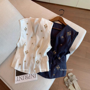 Women's 3D Embroidered Sleeveless Vest White Navy Blue V-Neck Breathable Summer Fashion Top Loose Fit Buttons Floral - Product Image 1