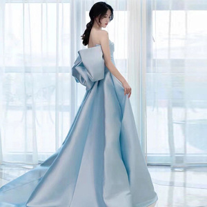 strapless open back dress Blue Ballroom Dress with Feathers |DanceDressing main image 1