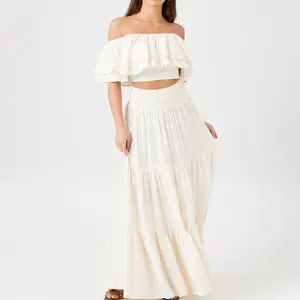夏季女装两件套白色亚麻棉宽松优雅褶边裁剪上衣 & 马克西裙沙滩装女装套装