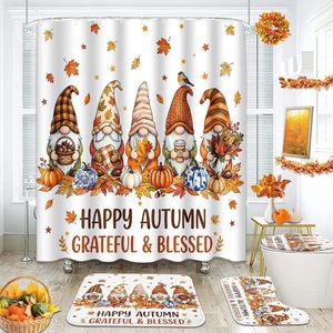 Rideau de Douche en Polyester Imprimé Numérique Motif Gnomes et Citrouilles Automnaux Orange, Imperméable, Impression Personnalisée, Vente en Gros - Product Image 1