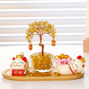 Gato de la Suerte con Diseño de Lingote de Oro, Árbol del Dinero de Cristal Amarillo Natural, Adorno de Escritorio Feng Shui, Regalo para el Año Nuevo Chino - Product Image 2