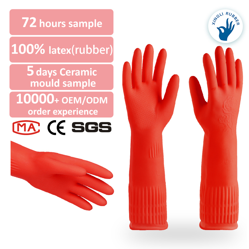 In Stock 38cm Long Sleeve Kitchen Work Dishwashing Waterproof Natural Rubber Gloves