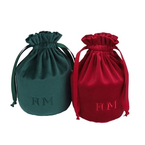 Custom Circular Base Velvet Cinch Pouch for Jewelry and Cosmetics Drawstring Gift Bag with <b>Embroidery</b> Logo - Product Image 1