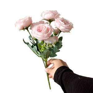 Bouquet de roses artificielles en soie, fleurs blanches, roses, champagne, haute simulation, décoration de mariage et de maison, 5 pièces - Product Image 5