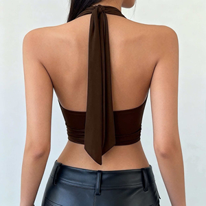 <span class=keywords><strong>Top</strong></span> Corto da Donna con Scollo a V, Dettaglio Fibbia, Schiena Aperta, Design a Corsetto, Traspirante, Anti-Pilling, Casual, Tinta Unita - Product Image 2