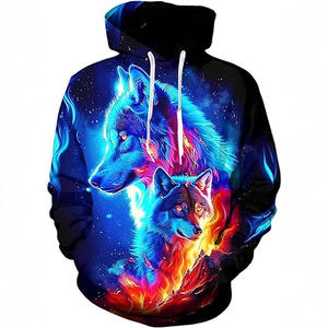 Felpa con Cappuccio da Uomo Autunno Inverno 2026, Stampa Animale Lupo, Poliestere, Vestibilità Ampia, Tasca, Stile Europeo - Product Image 4