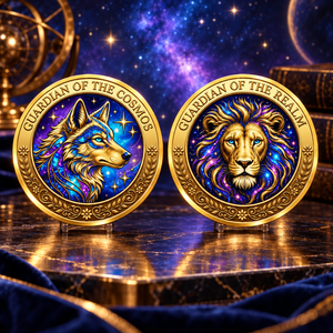 Moneta Commemorativa Bifacciale Cosmos Lupo Leone Guardiano in Lega di Zinco e Ferro Dorata con Stampa 2D e Custodia in Acrilico - Regalo da Collezione Celestiale - Product Image 1