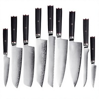 Handgemaakte groothandelsset koksmessen, zwart G10 handvat, 67-laags Damascus VG10 staal, ambidextrous, 9-delige keukenmessenset
