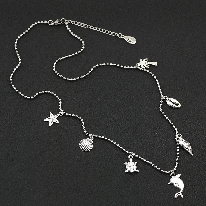 Collier chaîne perlée plaqué argent, bijoux en forme d'arbre, cocotier, étoile de mer, dauphin, tortue, coquille, tortue, DIY, 5 pièces