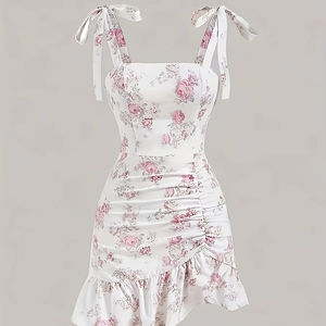Asymmetrical Backless Lace Floral Print Knee-Length <b>Dress</b> with <b>Spaghetti</b> <b>Strap</b> and Ruffled Hem - Product Image 1