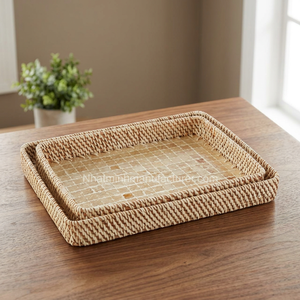 Free sample of rectangular mother-of-pearl inlaid rattan serving tray. Set of <b>2</b> <b>table</b> arrangement trays, Made in Vietnam - Product Image 4